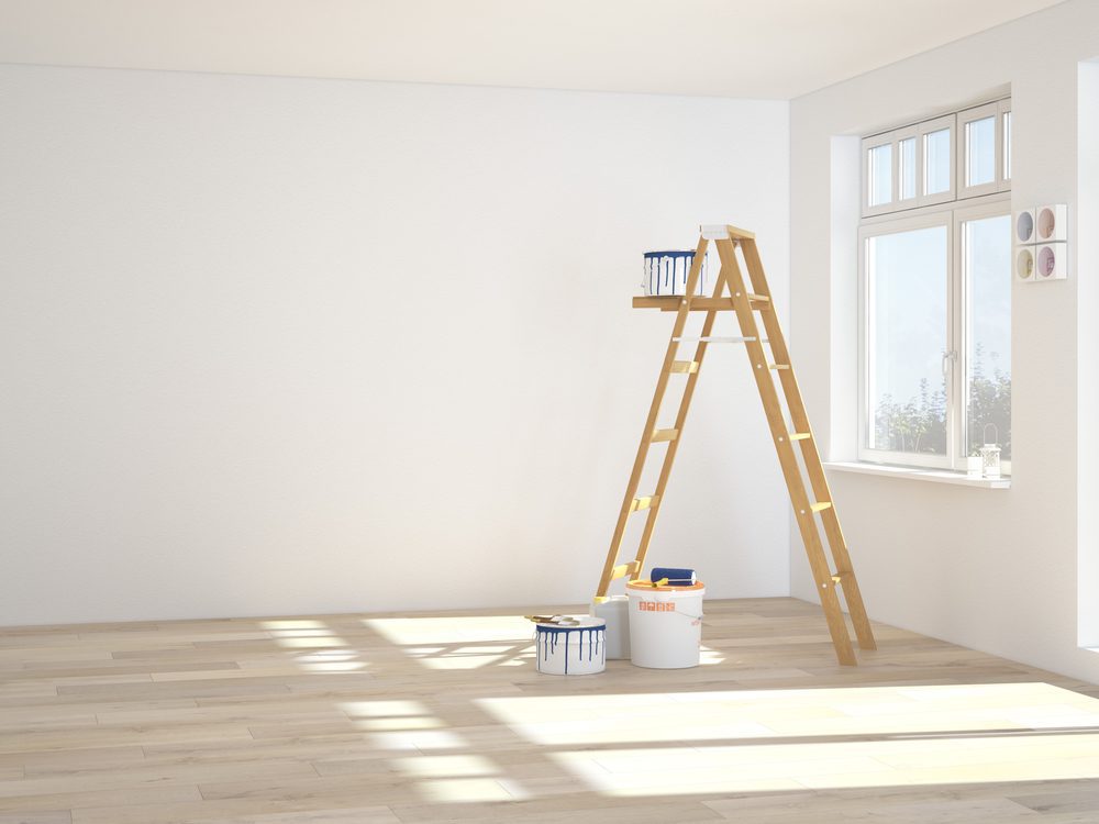 Painting walls in room with ladder during renovation 3d rendering spray roll or brush