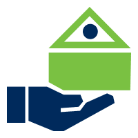 Dark Blue Hand Supporting a Green House Icon Symbolizing Housing Support or Home Care