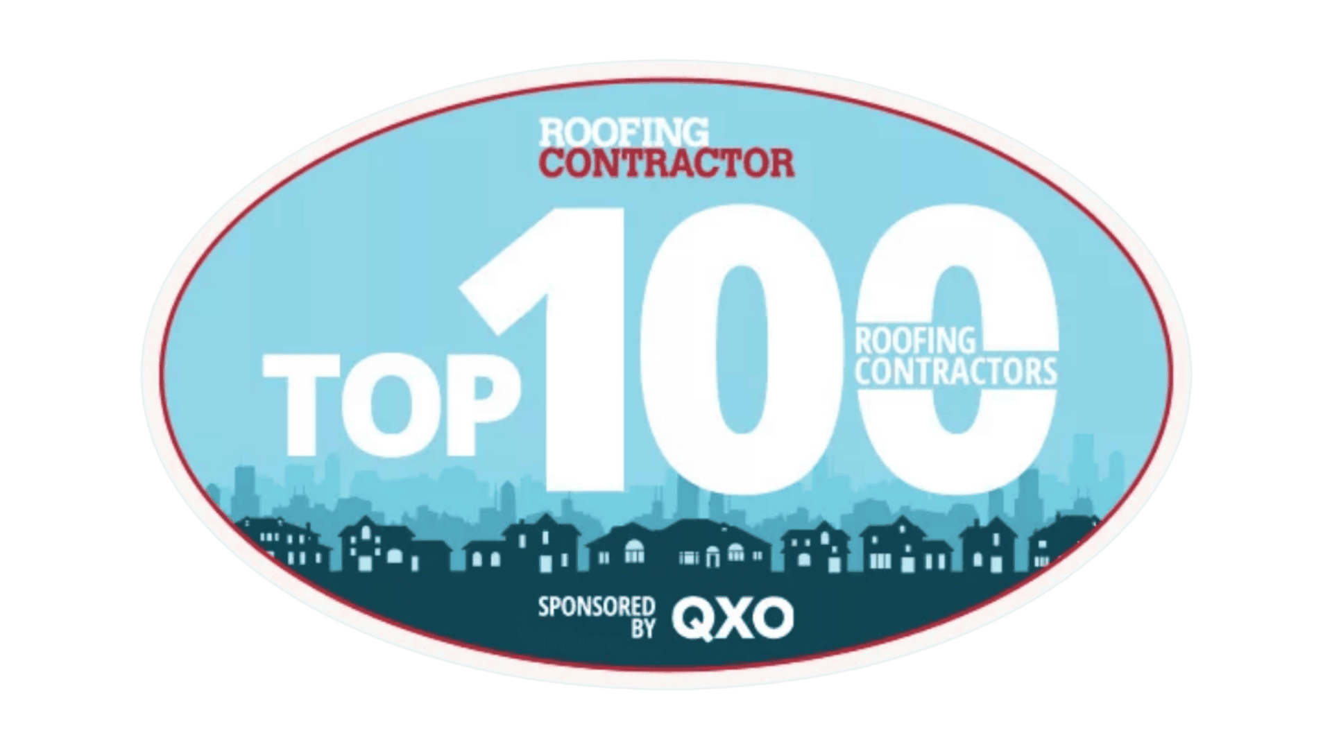 Blue Oval Award Badge Reading 'top 100 Roofing Contractors' with a City Skyline and Sponsor 'qxo' at the Bottom
